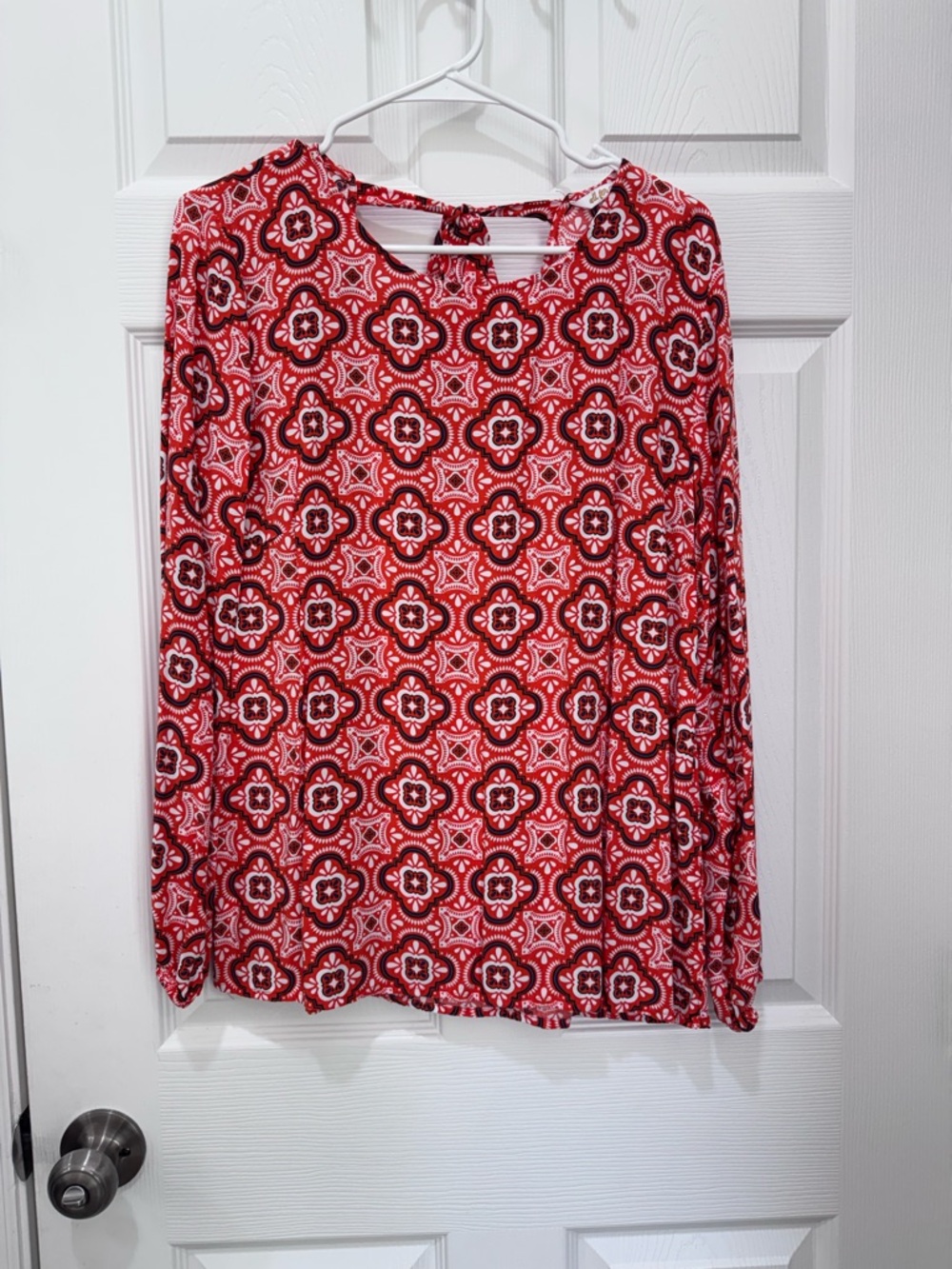 All For Color Red Patterned Long Sleeve Blouse with Back Tie